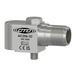 A render of a stainless steel, compact size CTC AC294 side exit accelerometer engraved with the CTC Logo, part number, serial number, and CE logo.